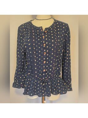 Lucky Brand Boho Pintuck Elastic Tassel Tie Waist Peplum Top Size L